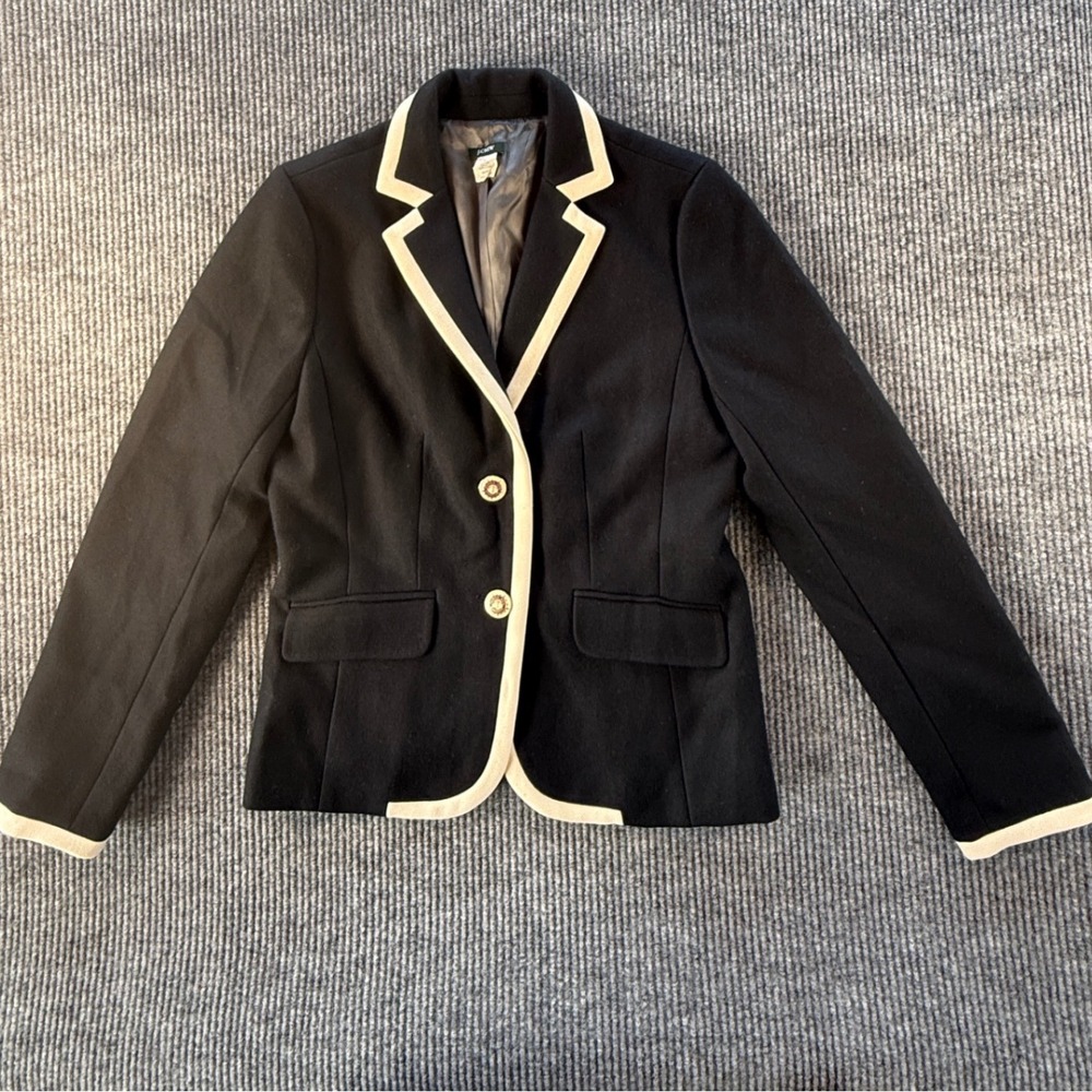 J.Crew Black Wool Blend Schoolboy Blazer Piping Gold Buttons Sz 14